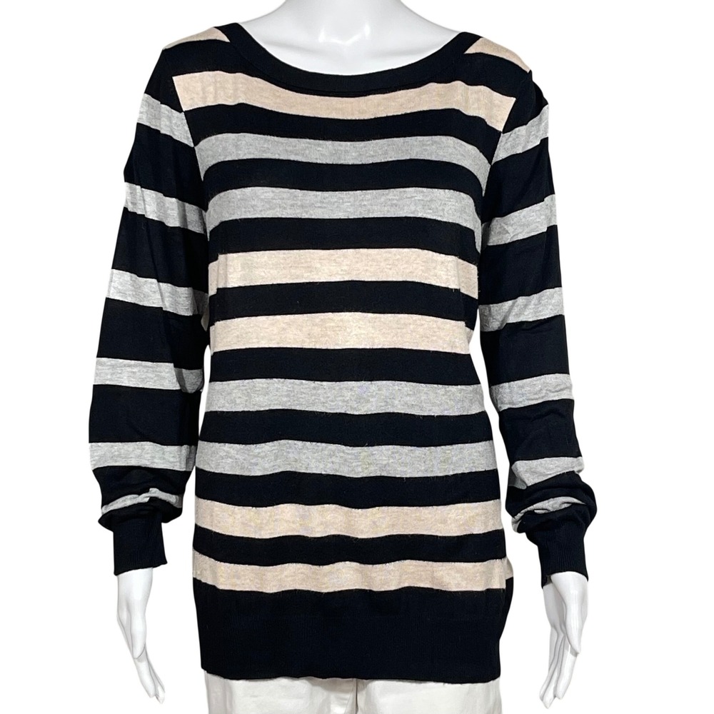 Womens Size 12 Black Grey Striped Sweater Boat Neck Dolman Sleeve Knit